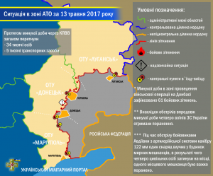 Ситуація в зоні проведення військової операції на Донбасі за 13 травня 2017 року