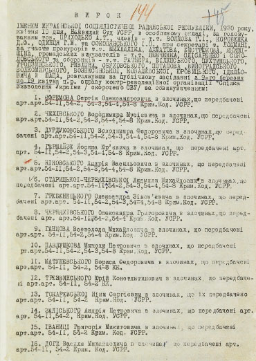 Фрагменти вироку Найвищого суду УСРР від 19 квітня 1930 року стосовно «членів СВУ» в частині обвинувачення й засудження Єфремова як «голови президії СВУ»