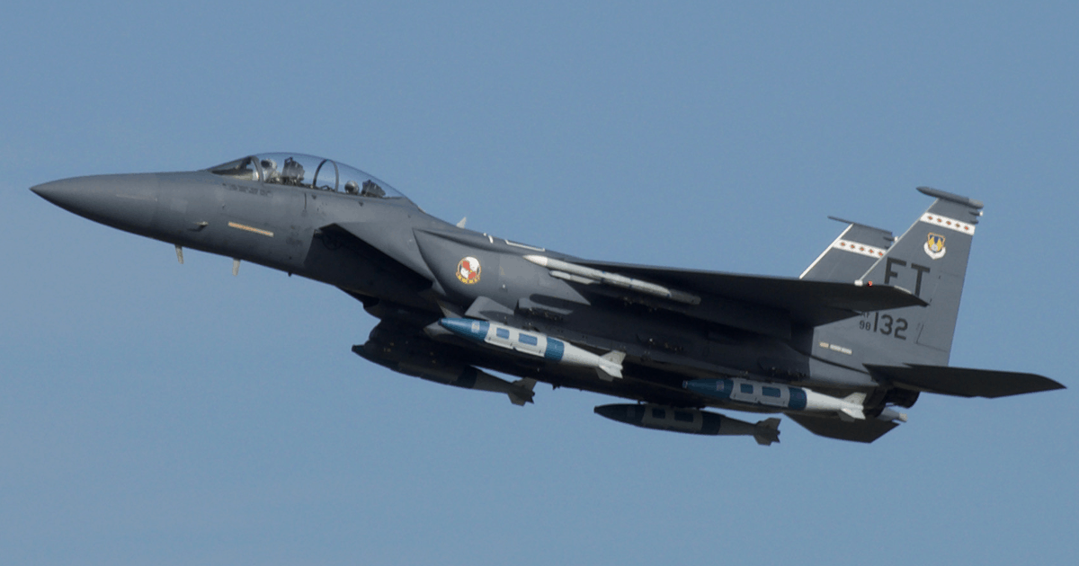 An F-15E fighter jet carrying GBU-31 JDAM bombs. 2021. Photo credits: US Air Force