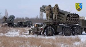 Ukrainian soldiers check readiness of BM-27 Uragan detachments to repel the attack from the occupied Crimea