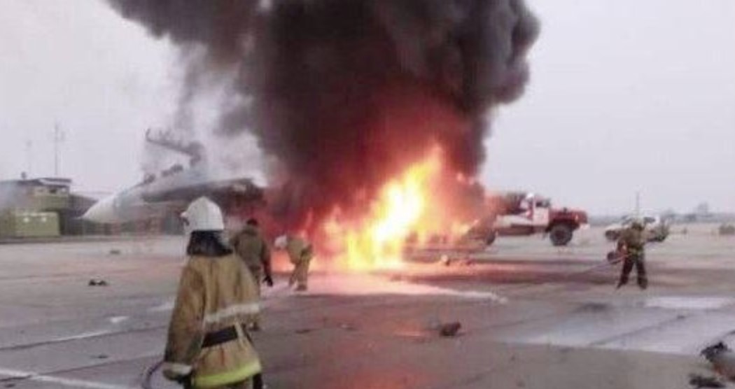 A downed Russian Air Force Su-30SM at an airbase near the city of Millerovo. February 25, 2022. Russia. Photo from social media