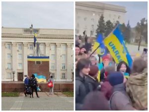 Mieszkańcy Chersonia wiwatują Siły Zbrojne Ukrainy przy administracji państwowej pod flagą ukraińską