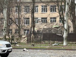 Russian security forces building damaged by the explosion in Melitopol