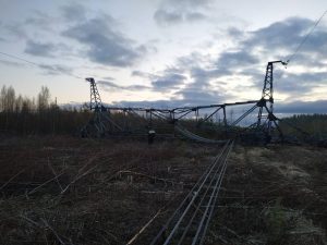 Power lines pole blown up in the Leningrad region of the Russian Federation