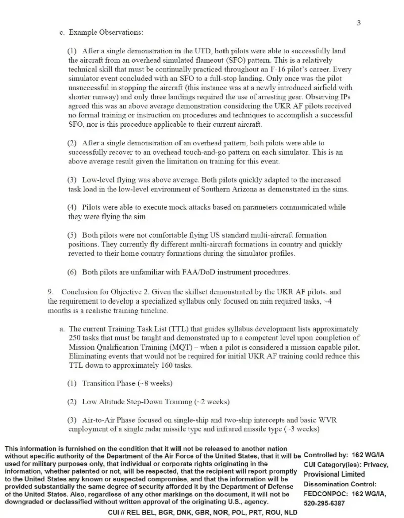 Документ про тести українських льотчиків на F-16 у США. Фото: Yahoo News