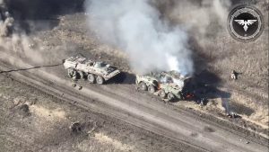 FPV kamikaze drone and Bradley infantry fighting vehicle of the 47th Mechanized Brigade disrupt an enemy assault attempt