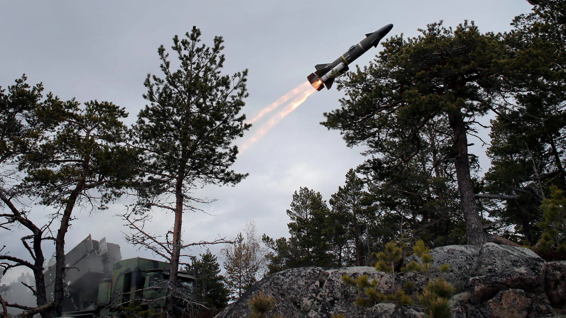 Launch of an RBS-15 Mk.2 anti-ship missile from a platform based on a Volvo truck. Photo credits: FMV