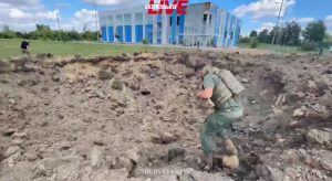 A Russian airstrike hits the city of Lgov, controlled by Russian troops