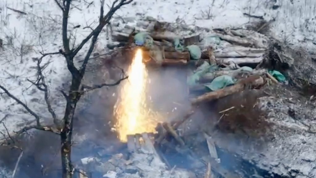 Ukrainian drone with incendiary munition near the village of Vyimka. December 2024. Ukraine. Source: 109th Separate Mountain Assault Battalion