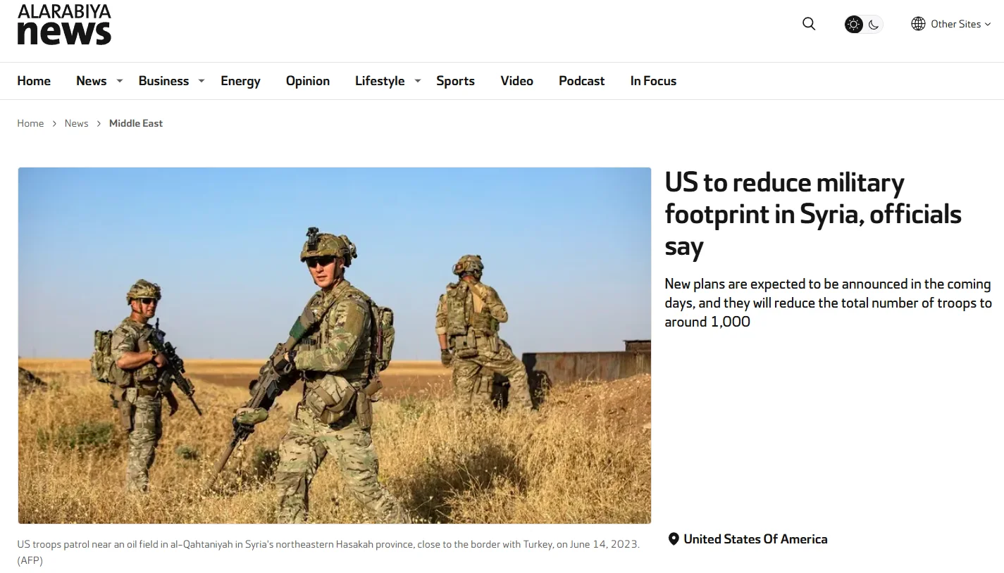 Публікація Al Arabiya English. 16.04.2025. US to reduce military footprint in Syria, officials say. Скріншот.