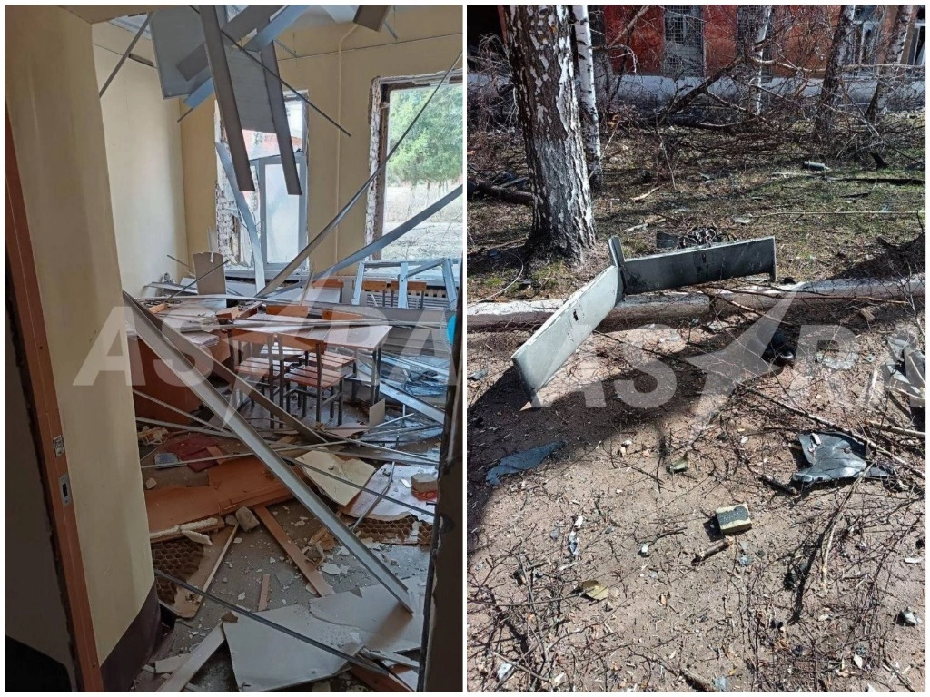 Пошкодження об'єкта військової частини № 03333 та уламки дрона-камікадзе. Джерело: ASTRA.