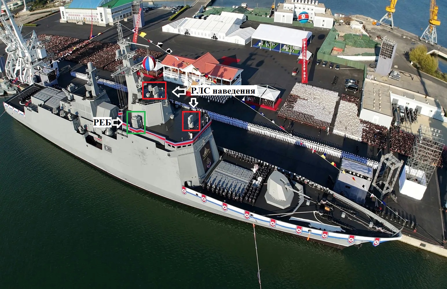 Deployment of electronic warfare and radar guidance systems on the No Gwang Chol ship. Photo credits: KCNA