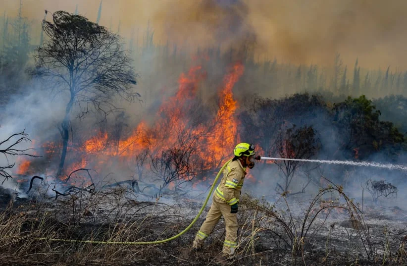 Пожежники намагаються загасити пожежу, яка спалахнула неподалік Мошава Месилат Ціону, 30 квітня 2025 року. (Фото: НОАМ РЕВКІН ФЕНТОН / FLASH 90)