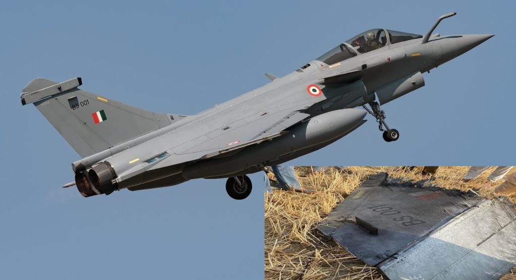 Індійський винищувач Dassault Rafale з бортовим номером BS-001 та уламок його хвостової частини, знайдений 8 травня. 