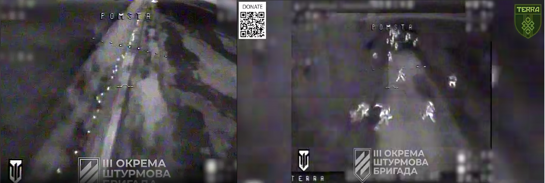 Штурмова група росіян у кадрі FPV дрона. Таку велику групу фактично неможливо ефективно та швидко уразити дронами. Стоп-кадр з відео 3 штурмової бригади