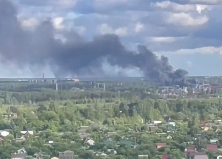 Fire on the territory of the 1060th Red Banner Center for Material-Technical Support in Bryansk. Frame from a video by local residents