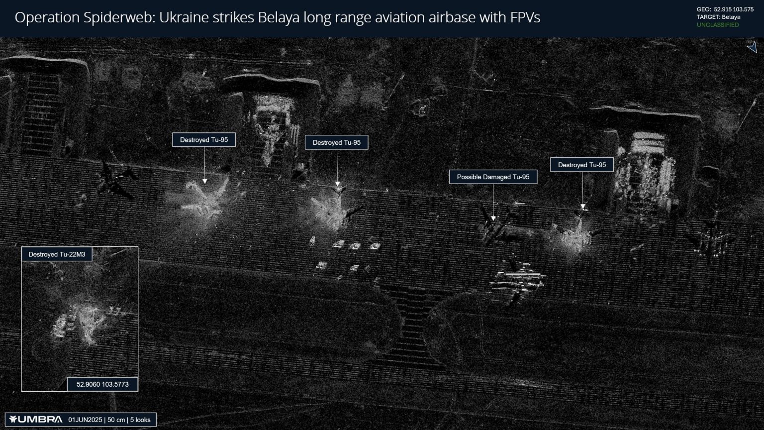 Satellite image of Belaya airbase showing the loss of Tu-95s and an additional Tu-22M3. Photo credits: Umbra space/Chris Biggers