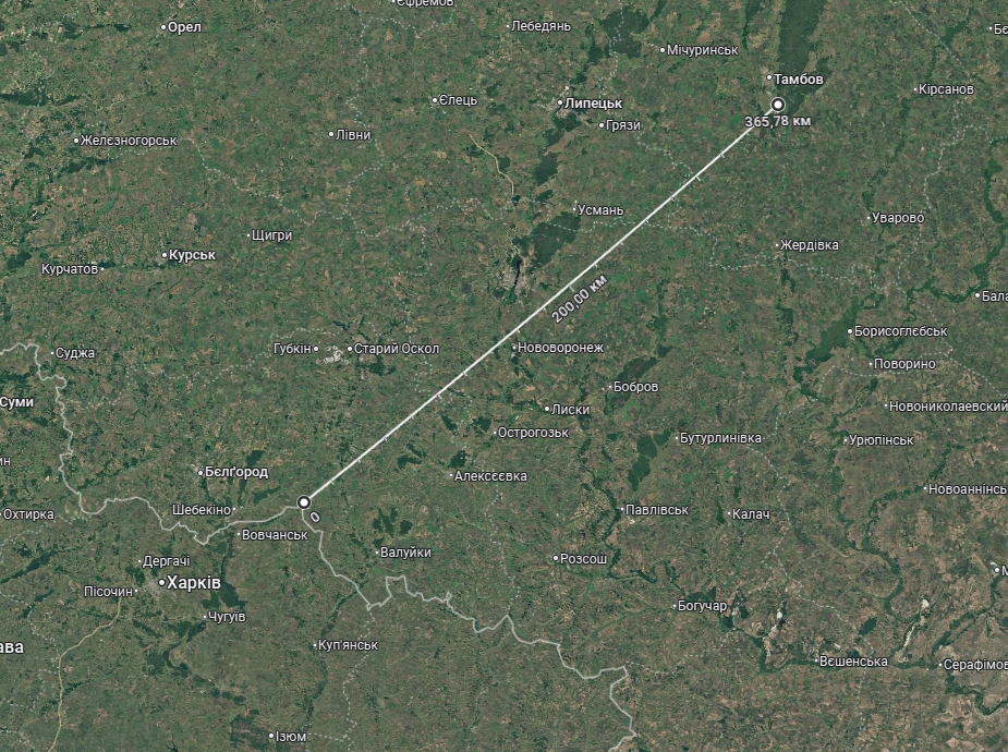 Відстань від державного кордону України до тамбовського порохового заводу. Фото: Google Maps
