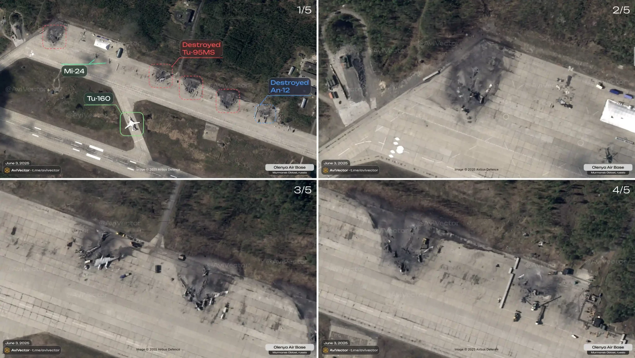 Destroyed aircraft at the Olenya airbase. June 3, 2025. Photo credits: @avivector