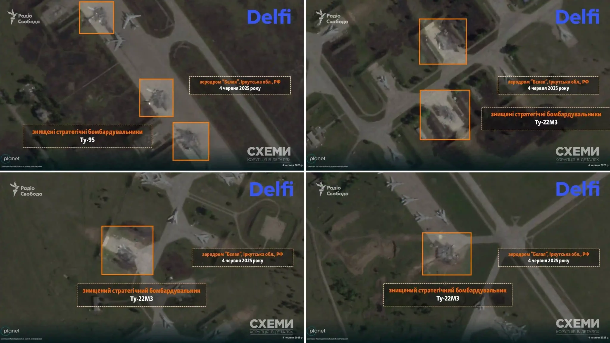 Tu-95 and Tu-22M3 bombers destroyed at Belaya airbase. June 4, 2025. Photo credits: Radio Liberty/Planet Labs