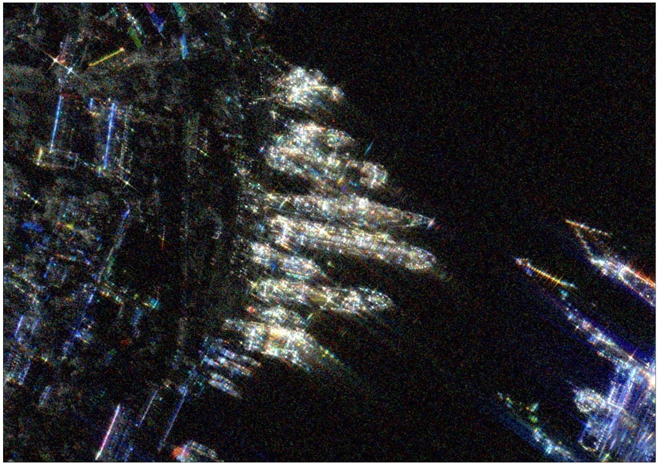 A SAR image of Russian vessels in port. Photo provided by the Main Directorate of Intelligence of the Ministry fo Defence of Ukraine to the “People’s Satellite” exhibition by the Serhiy Prytula Charitable Foundation