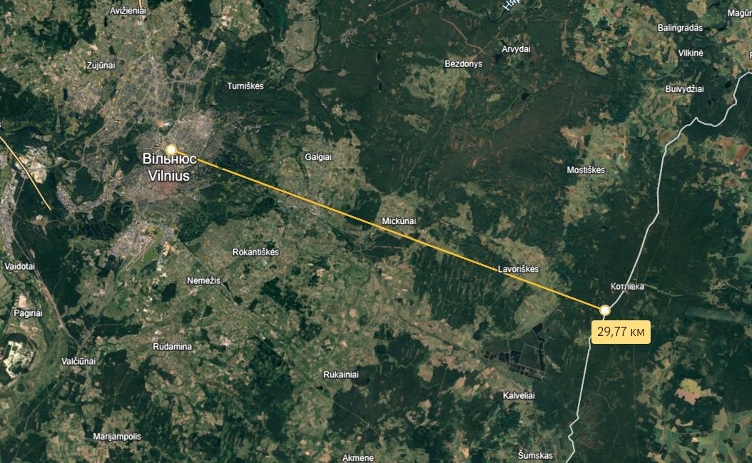 Відстань між столицею Литви та кордоном Білорусією. Фото: Googleearth