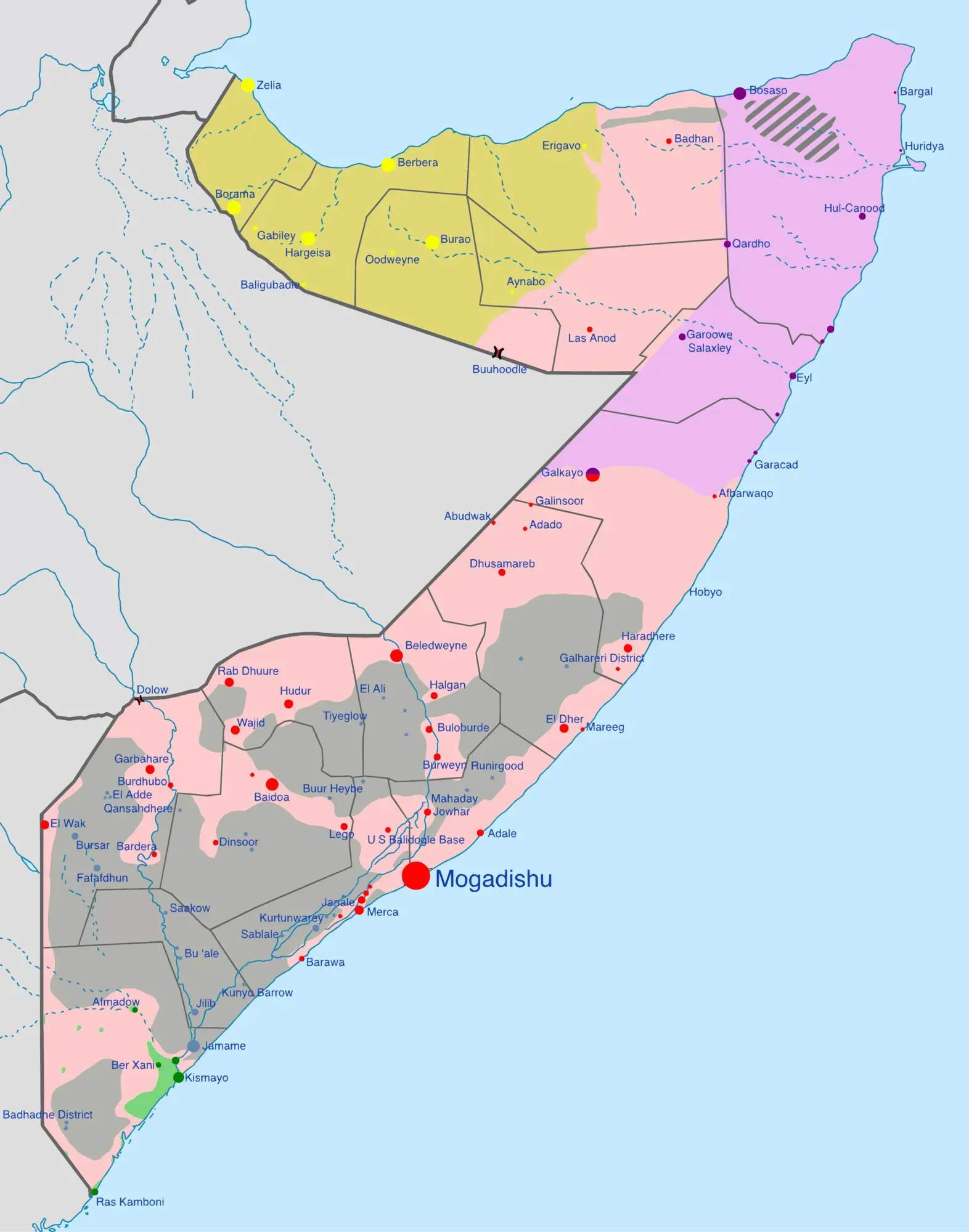 Map of Somalia's control zones. Pink - under the control of the Federal Government of Somalia. Purple - under the control of Puntland. Green - under the control of Jubaland. Gray - under the control of al-Shabaab. Black - under the control of ISIS. Yellow - under the control of Somaliland. AAGA_CAWLLAN map