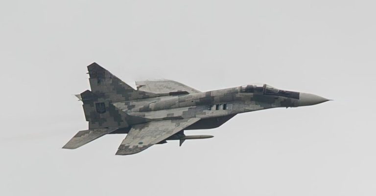 A MiG-29 fighter jet of the Ukrainian Air Force with an AGM-88 anti-radar missile under its wing, May 23rd.