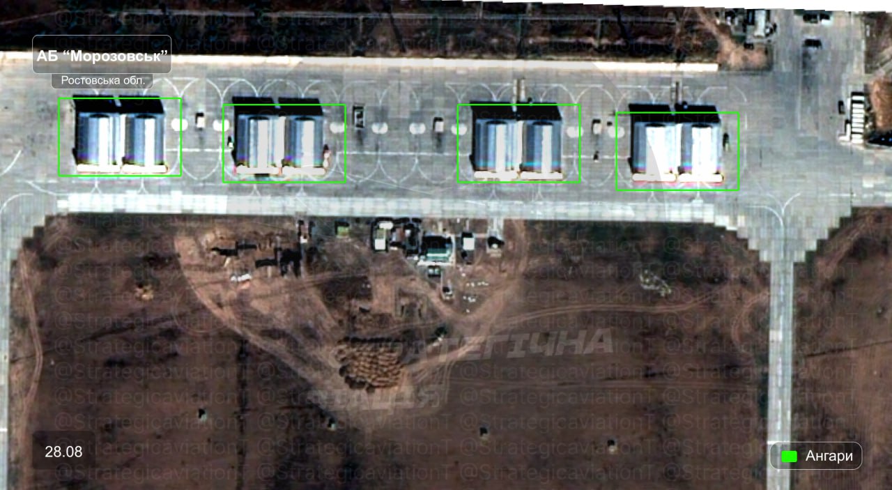 Protective hangars at the Russian Morozovsk air base, end of August 2025. Photo credits: Strategic Aviation of the Russian Federation Telegram channel