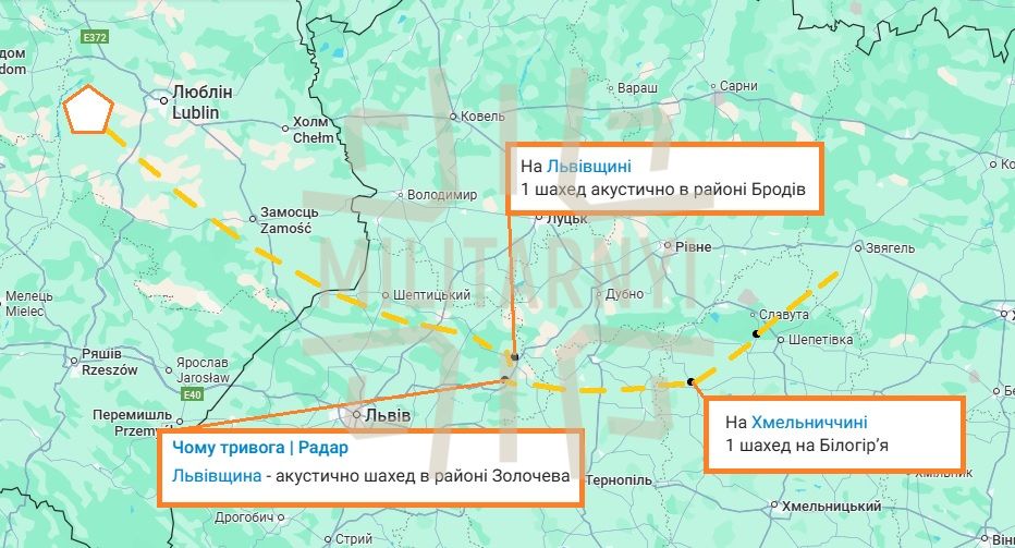Ймовірний маршрут польоту дрону Shahed, що впав у Польщі 20 серпня 2025 року
