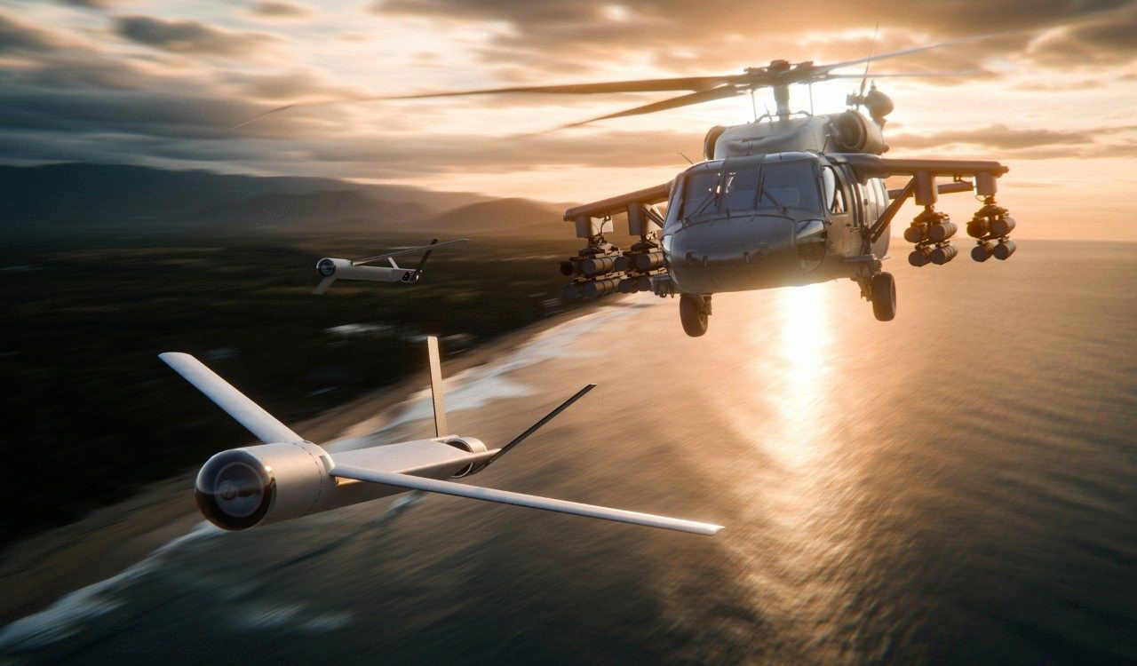3D render of a drone launch from a Black Hawk helicopter. Photo credits: Sikorsky