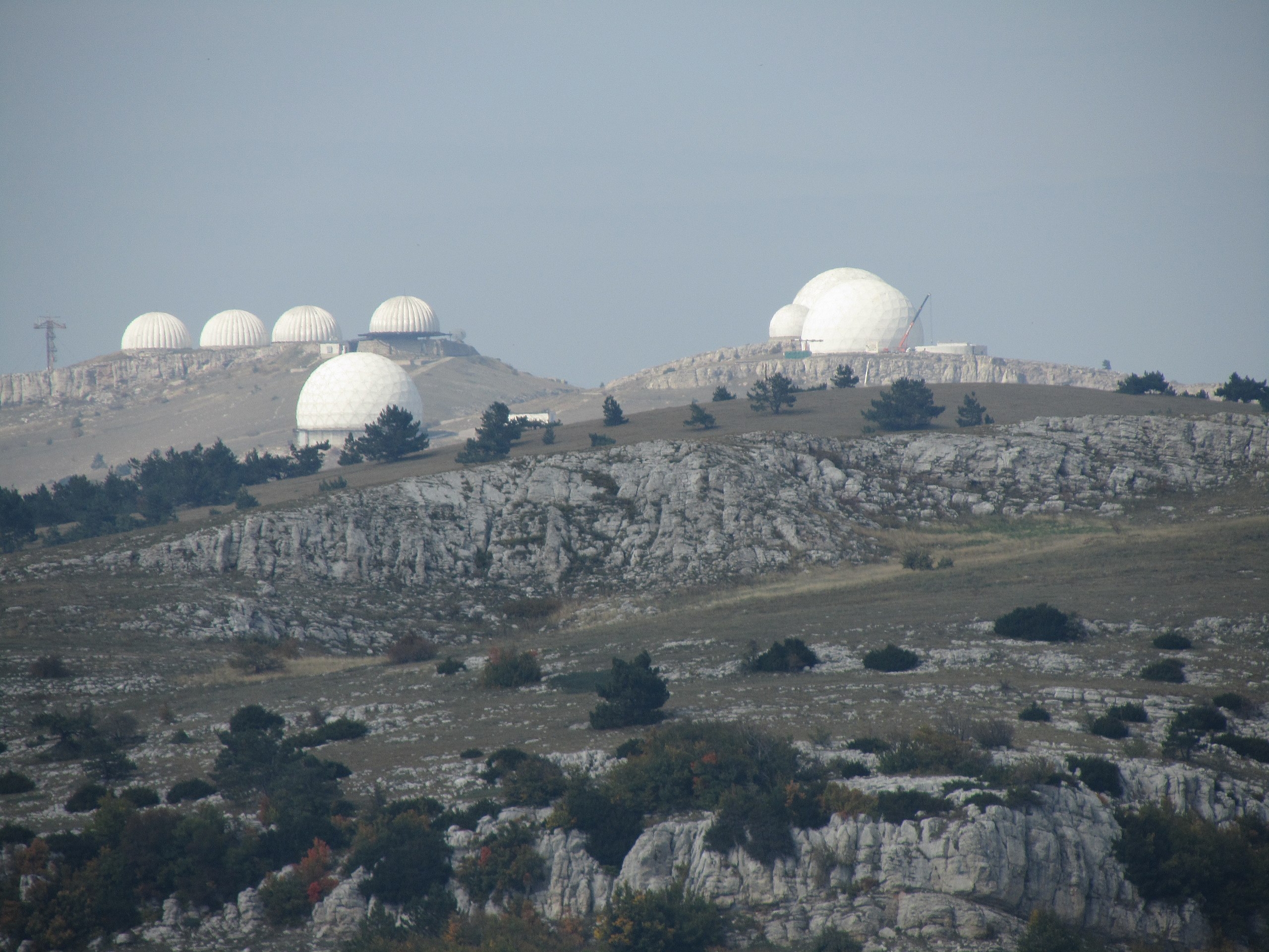The domes of radar stations on the slopes of Ai-Petri.