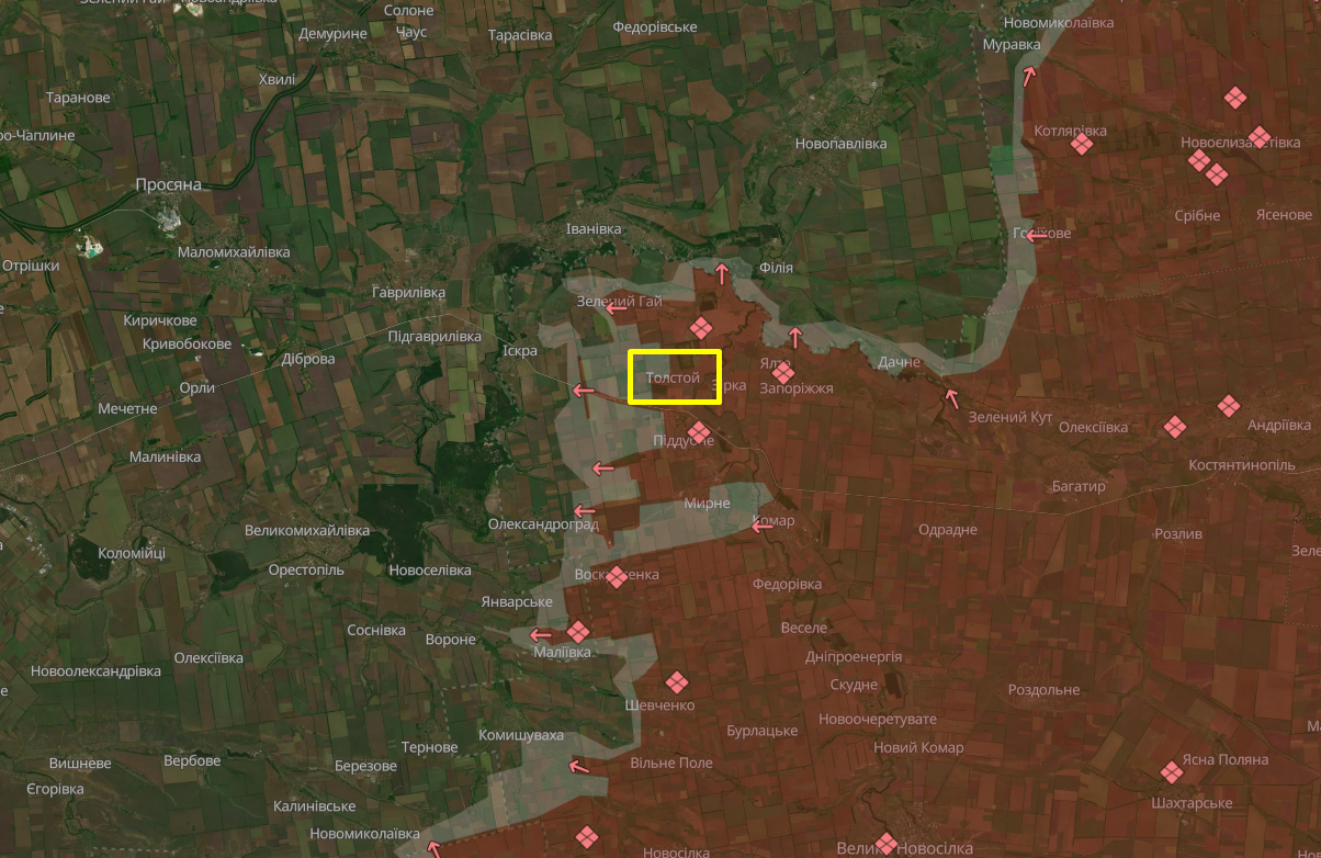 The village of Tovste on the DeepState combat map as of August 21st, 2025