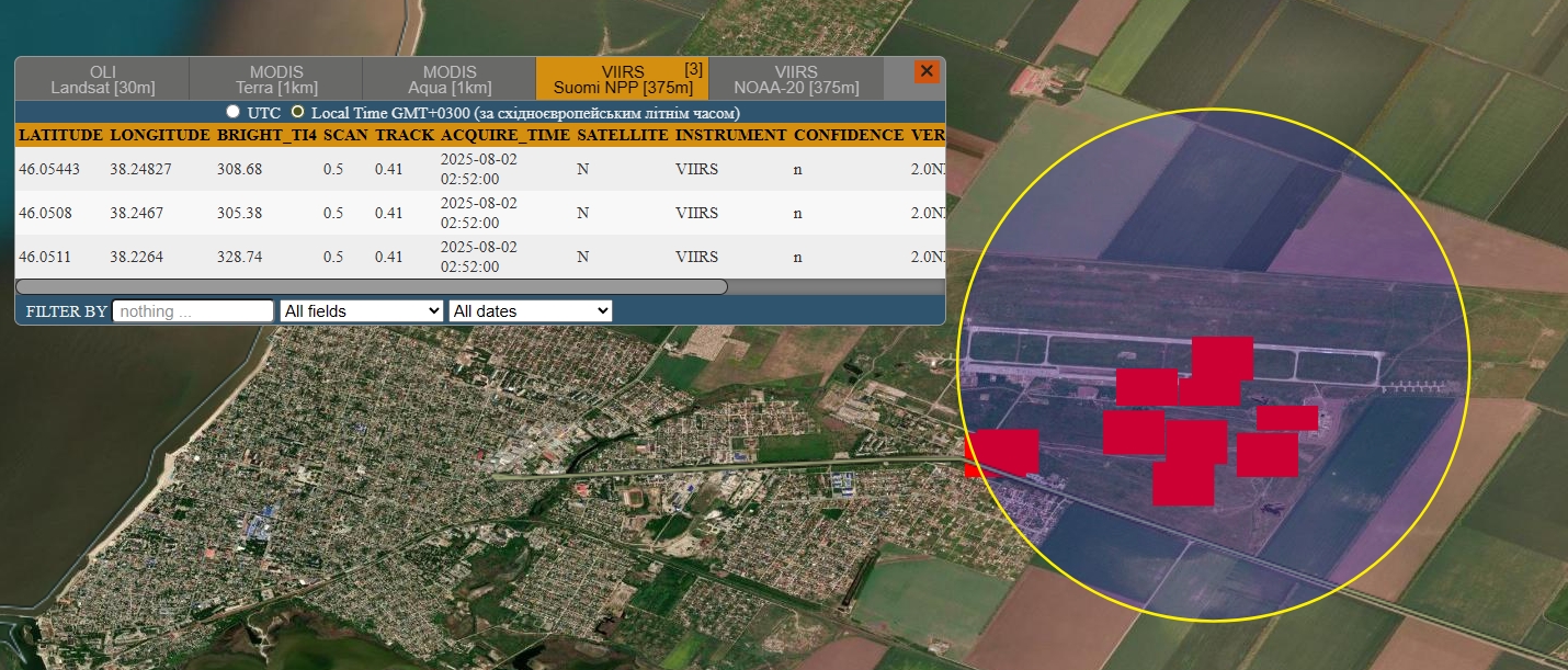 The fire recorded at the Russian military air base in Primorsko-Akhtarsk. Photo credits: NASA FIRMS.