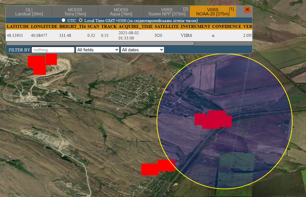 The fire at the Likhaya-Zamchalovo traction power substation detected by NASA satellites. Photo credits: NASA Firms
