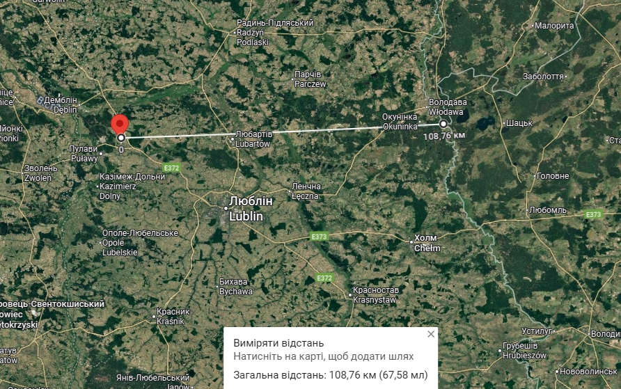 Відстань від польсько-українського кордону до села Осіни. Фото: Google Maps