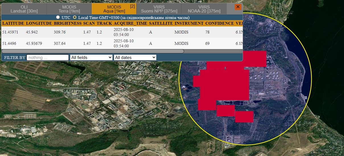 The fire at the Saratov refinery detected by NASA satellites. Photo credits: NASA FIRMS