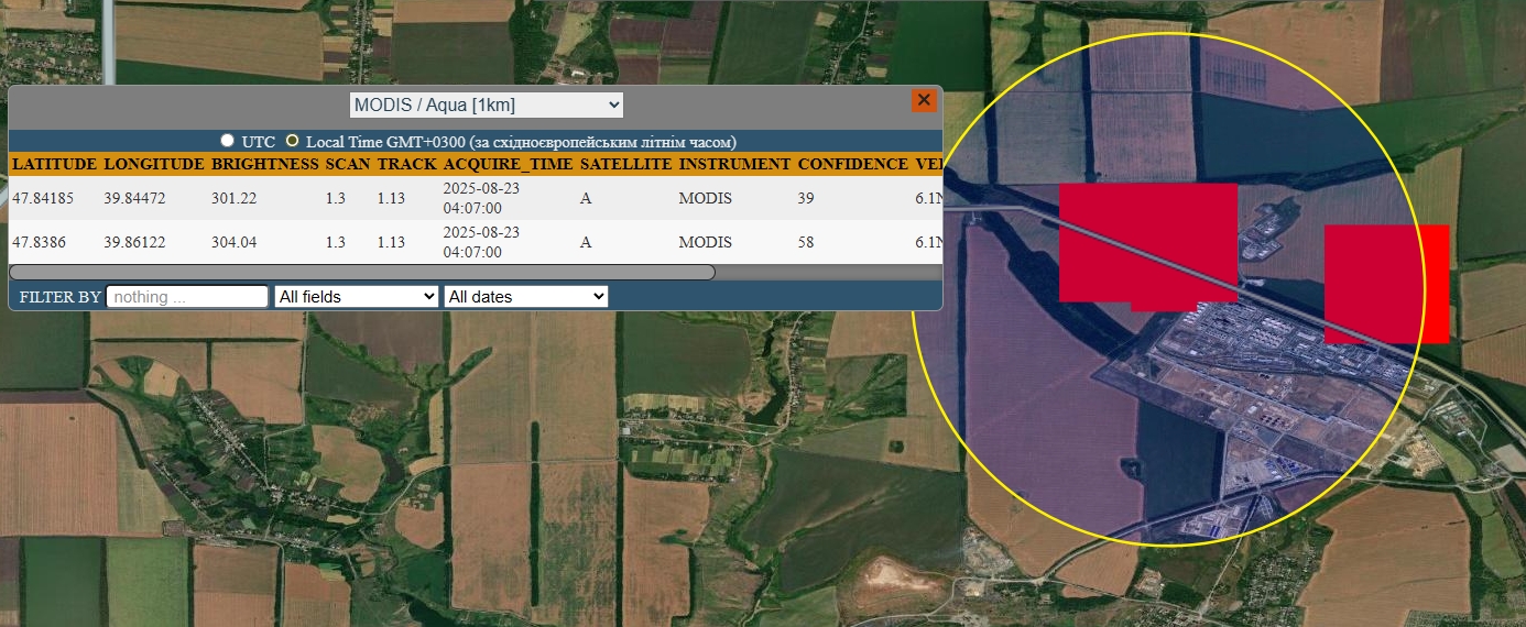 Fire on the territory of the Novoshakhtinsky Petroleum Plant as of 4 am, August 23rd, 2025: Photo credits: NASA/FIRMS