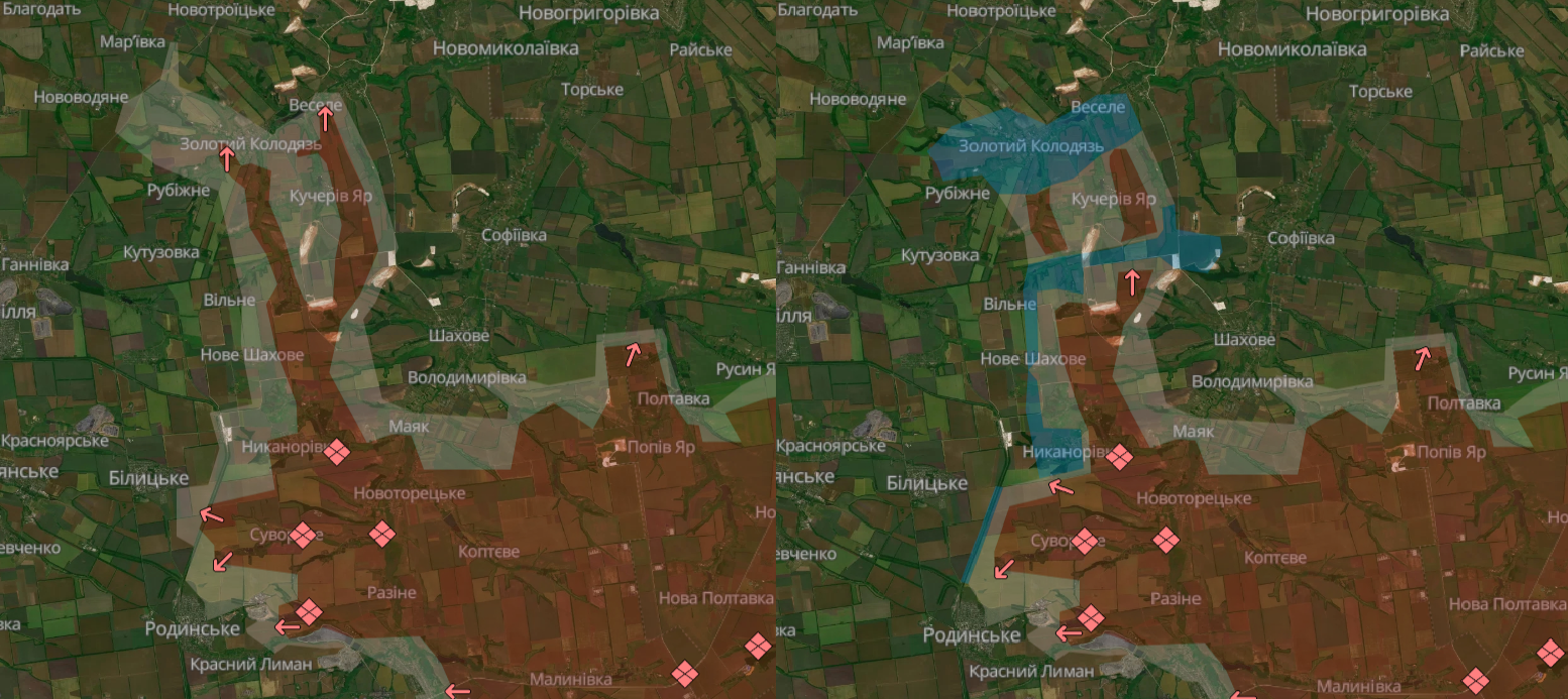 Comparison of the DeepState map for the 14th and 15th September in the Dobropillya area