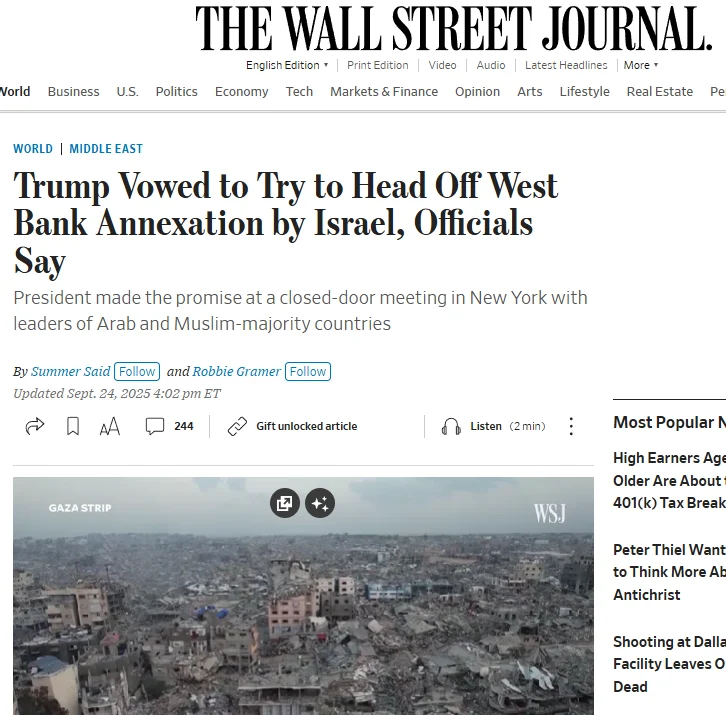 Публікація The Wall Street Journal від 24.09.2025. Trump Vowed to Try to Head Off West Bank Annexation by Israel, Officials Say. Скріншот.