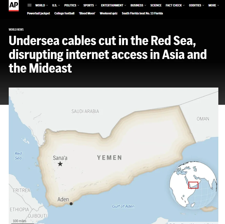 Публікація Associated Press від 7.09.2025. Undersea cables cut in the Red Sea, disrupting internet access in Asia and the Mideast. Скріншот.