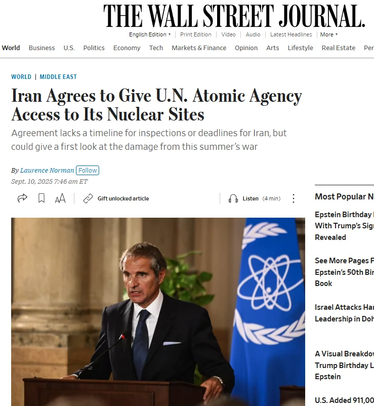 Публікація The Wall Street Journal від 10.09.2025. Iran Agrees to Give U.N. Atomic Agency Access to Its Nuclear Sites. Скріншот.