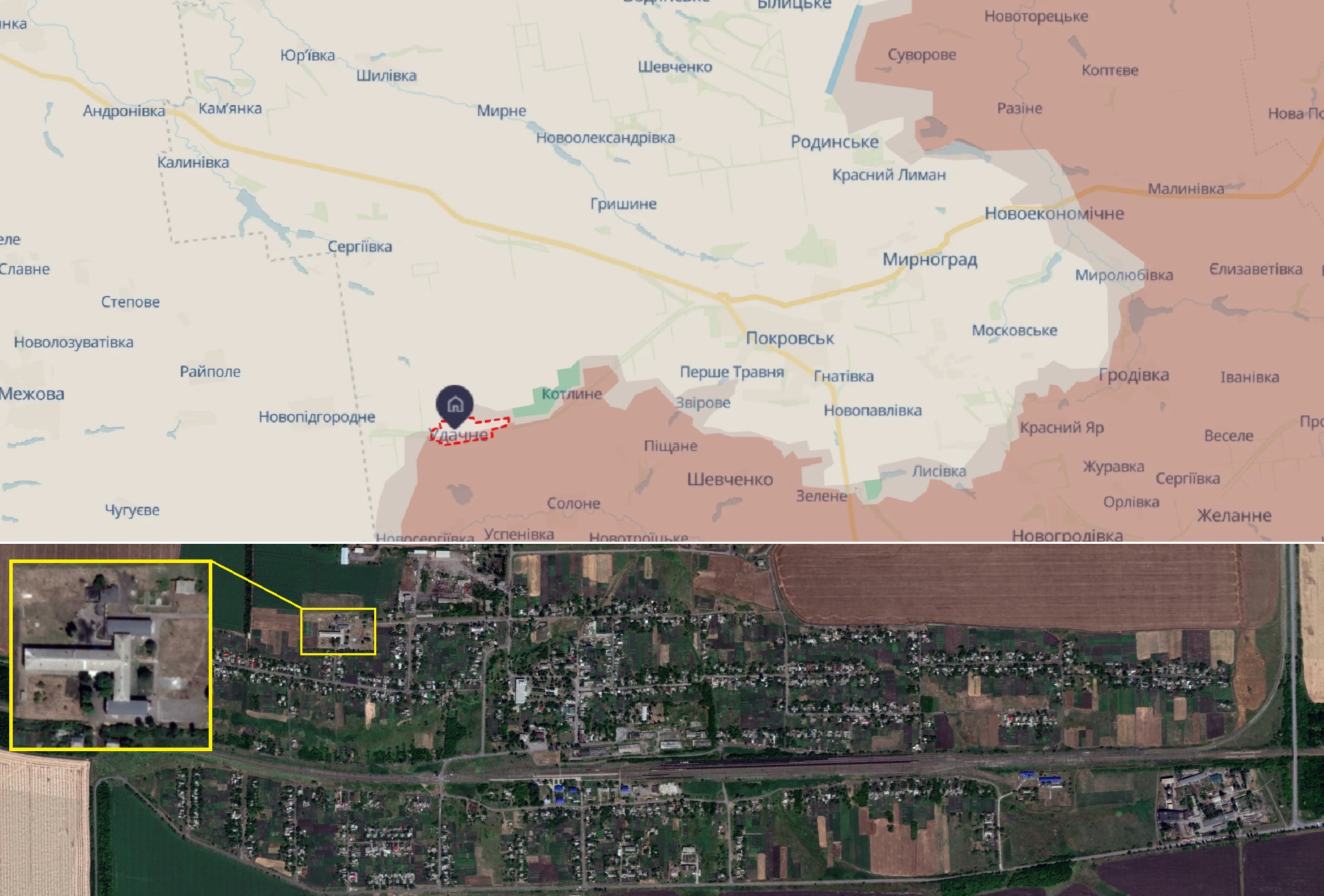 Школа в селищі Удачне з відео 425-го полку. Зображення: мапа Google Earth, мапа DeepState