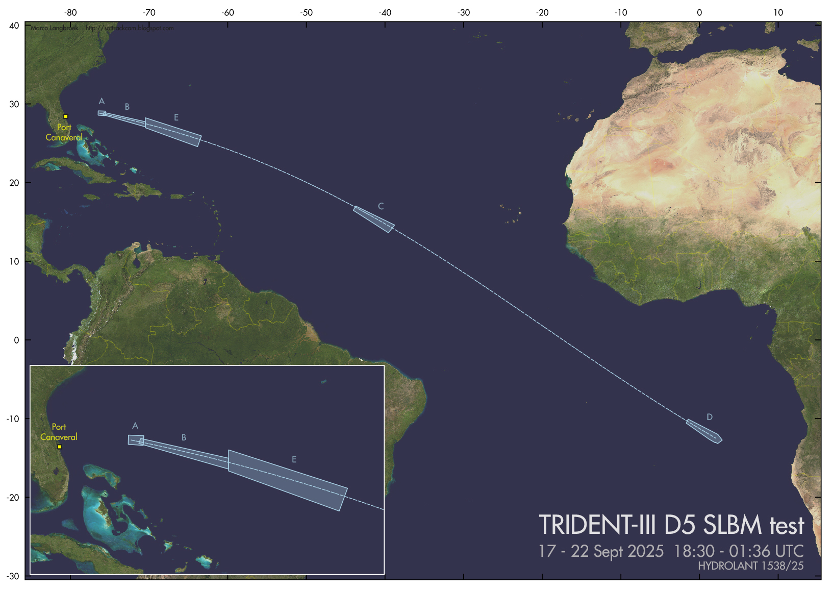 Маршрут польоту балістичної ракети Trident-II D5 відповідно до оголошених безполітних зон у атлантичному океані. Фото: Dr Marco Langbroek