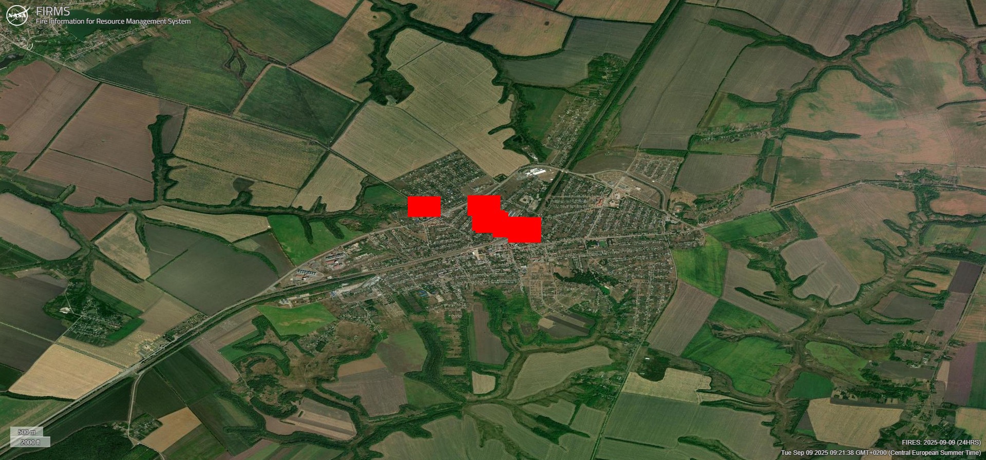 Пожежа на Нафтобазі в селищі Прохоровка, Бєлгородської області РФ. 9 вересня 2025. Джерело: NASA FIRMS
