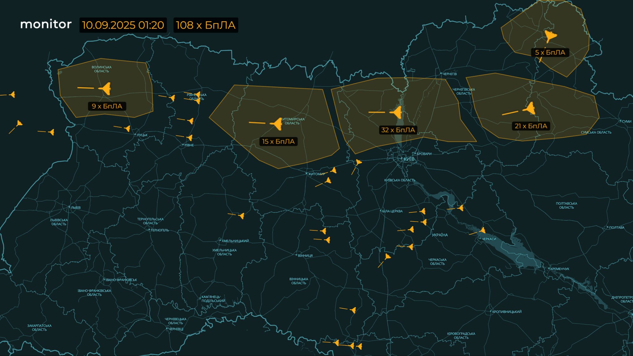 Violation of Polish airspace by Russian UAVs. The night of September 10, 2025. Photo credits: t.me/war_monitor