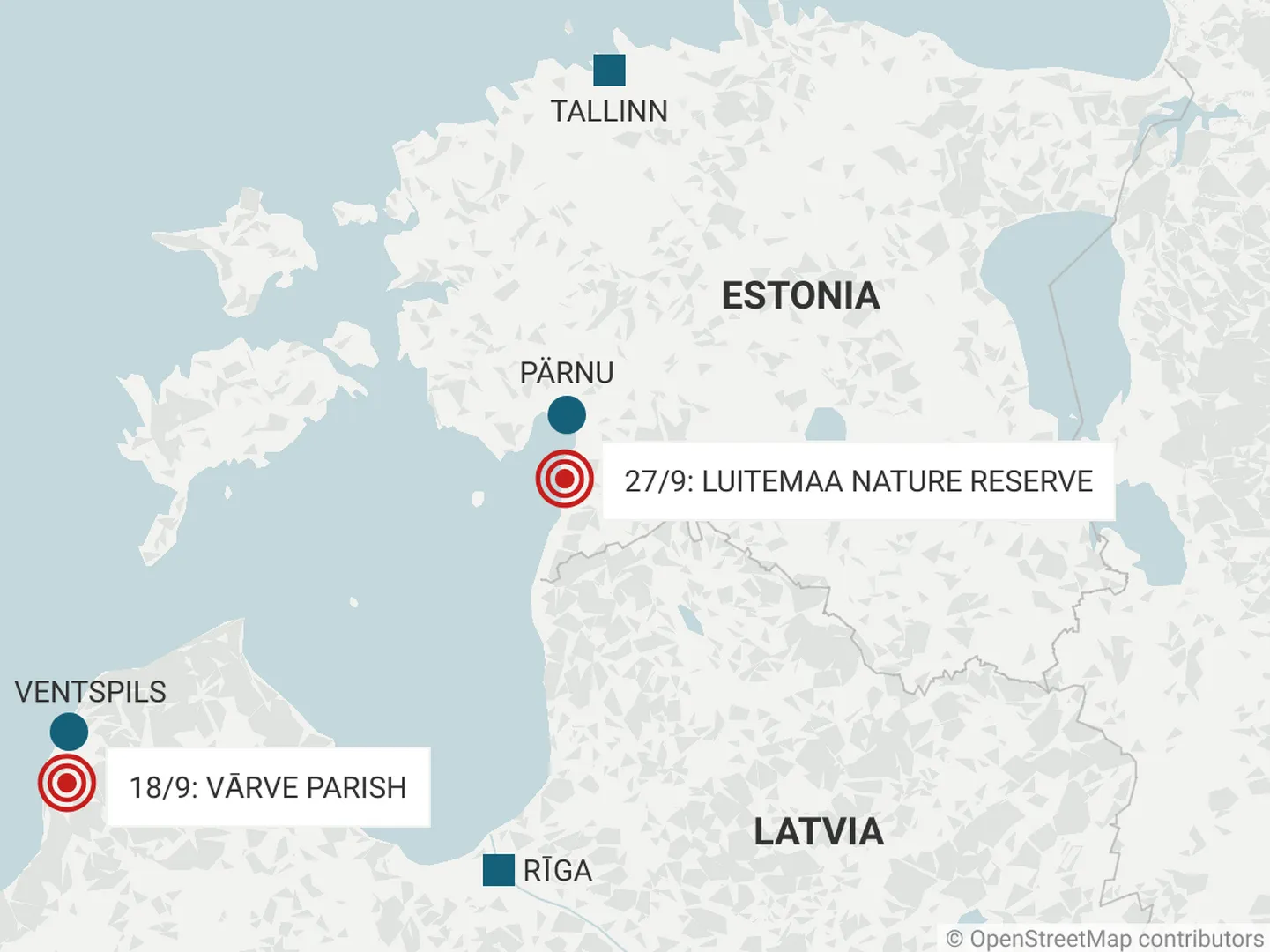 Місце виявлення уламків невідомого дрона в Естонії та Латвії. Фото Helen WrightERR