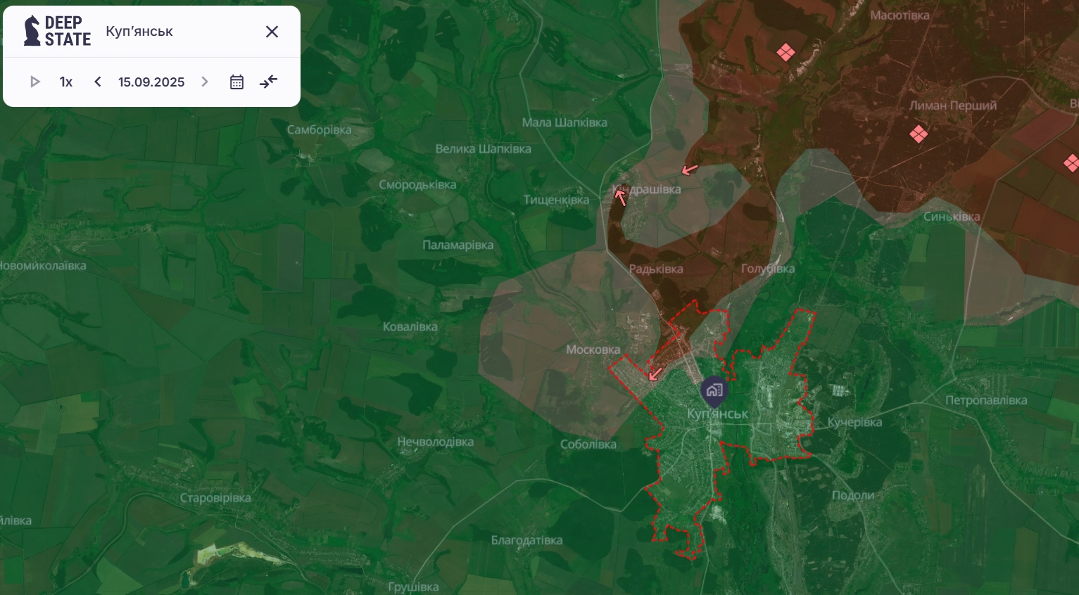 Обстановка навколо Куп'янська станом на 15.09.2025. Джерело: DeepState.