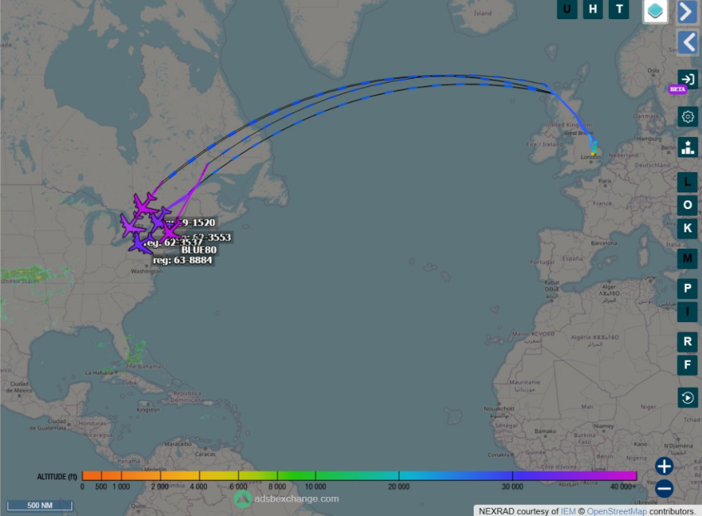 Перекидання літаків заправників з Європи до США на початку вересня 2025 року. Фото @vcdgf555