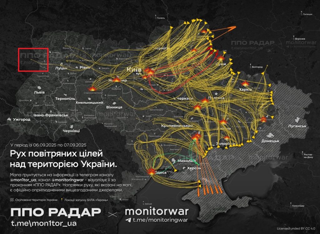 Умовна карта маршрутів російських дронів та ракет під час атаки на Україну в ніч з 6 на 7 вересня 2025 року. Інфографіка t.me/mon1tor_ua